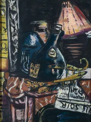 Stillleben mit schiefer Schnapsflasche und Buddha