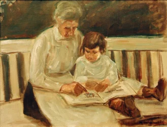 Enkelin und Kinderfrau auf der Gartenbank
