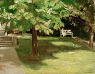 Gartenbank unter dem Kastanienbaum - Blühende Kastanien