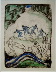Tanzende und Badende am Waldteich