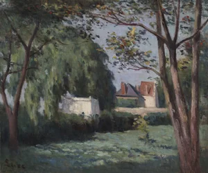 Landschaft mit drei Häusern und Bäumen