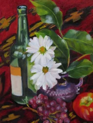 Flasche, Obst und Gänseblümchen