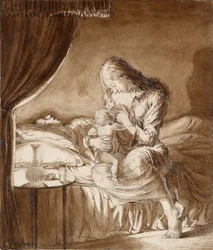 Nachtszene - Frau füttert ihr Kind, ca. 1900er