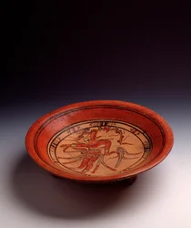 Präkolumbische Kunst, Maya-Zivilisation, klassische Periode: Dreifußvase aus bemaltem Ton. Aus Petén, Guatemala. Maße: Höhe 8 x Durchmesser 33,8 cm. Guatemala-Stadt, Nationalmuseum für Archäologie und Ethnologie