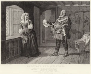 Falstaff und Frau Ford, Die lustigen Weiber von Windsor, Akt III, Szene III (Gravur)