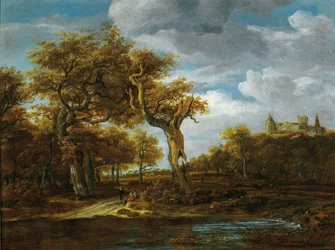 Bewaldete Landschaft mit zwei großen Eichen und Blick auf Schloss Bentheim