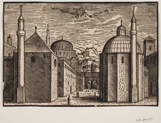 3 Moscheen, jede mit 1 Minarett; am Himmel ein fliegender Drache mit langem Schwanz