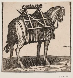 Ein noch ungeladenes Packpferd mit Tragegestell auf dem Rücken, schräg von hinten nach rechts gesehen.