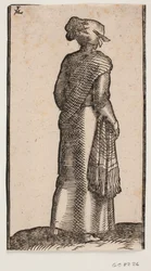 Frau, schräg von hinten gesehen, nach rechts gehend
