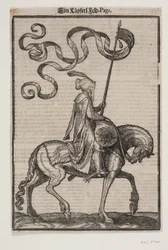 Berittener Standartenträger im Profil nach rechts; die Standarte ist zweizipflig; der Reiter ist unbewaffnet; auf dem Rücken des Pferdes vor ihm befindet sich ein wurstförmiger Sack zum Transport von Gepäck