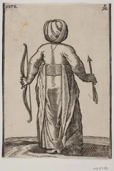 Stehender Bogenschütze, von hinten gesehen; in der linken Hand ein Bogen, in der rechten Hand ein Pfeil