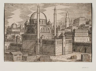 Unidentifizierte Moschee mit 2 Minaretten, von Nordosten gesehen; im Vordergrund Baustelle mit gestapelten Bausteinen