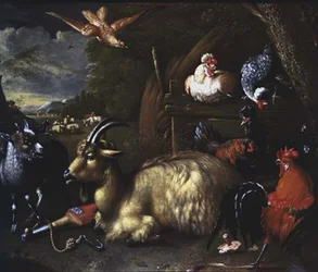 Ziege mit anderen Tieren und Vögeln in einer Landschaft