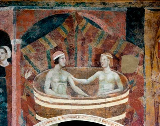 Szene des ehelichen Lebens im Mittelalter. Ein Paar bei der Toilette in einem Bottich. (Detail)