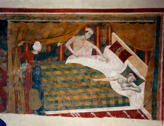 Szene aus dem Eheleben im Mittelalter. Ein Mann legt sich zu seiner nackt im Bett schlafenden Frau. Detail. (frühes 14. Jahrhundert)