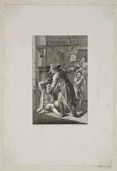 Illustration mit uniformierter Person im Kampf mit einem liegenden Mann