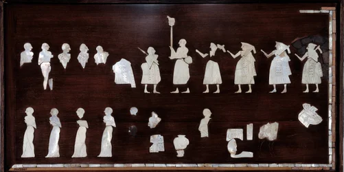 Mesopotamien: Mosaikelemente des Banners von Mari in Bitumen, Muschel und Stein. 3500 v. Chr. Aus dem Tempel der Ishtar von Mari