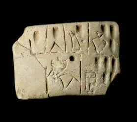 Mesopotamien: Tontafel mit Keilschrift aus dem Tempel von Eanna, gewidmet der Göttin Inanna in Uruk. 3200 v. Chr. Dim. 6,4x4,7 cm Bagdad, Irakisches Museum