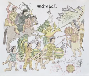 Schlacht von Michoacán zwischen den Spaniern und den Azteken, Illustration aus einer Faksimile einer mexikanischen indianischen Bildgeschichte Lienzo de Tlaxcala, ca. 1550, 1892