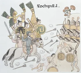Schlacht von Xochipilla zwischen den Spaniern und den Azteken, Illustration aus einer Faksimile einer mexikanischen indianischen Bildgeschichte Lienzo de Tlaxcala von ca. 1550, 1892
