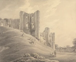 Kenilworth Castle, mit Figuren auf dem Hügel