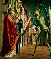 „Der Teufel überreicht dem heiligen Augustinus das Buch der Laster“, um 1455-1498