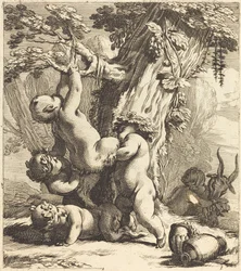 Putti und Faune klettern an einer Weinrebe