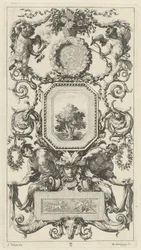 Ornamentale Tafel mit einem Blumenkorb, Amor und Hymen