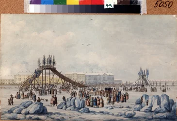 Eine Achterbahn auf der Newa zur Fastnacht. Um 1810, 33 x 54 cm, französische Kunst, Klassizismus. A.-Puschkin-Gedenkmuseum