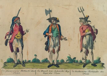 Ein französischer Postbediensteter ohne Hose, ein Marsili im Freikorps ohne Hose und ein bankrotter Fischhändler ohne Hose, 1793