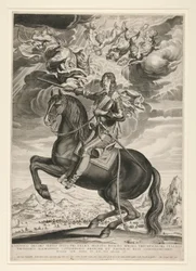 Reiterporträt von Ludwig XIII. (Bourbon) im Alter von 33 Jahren. Landschaft nach Callot