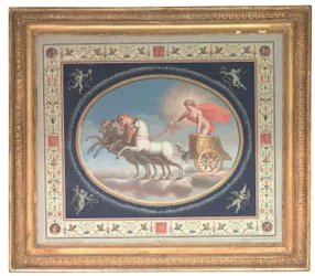 Eines von vier dekorativen Paneelen, das Apollo, Mars, Venus und Merkur in Streitwagen zeigt, umgeben von pompejanischen Grotesken