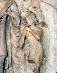 Engel, venezianischer Marmor, frühes 16. Jahrhundert. Beerdigungszeremonie, Detail, Louvre Museum. Skulptur von Michelangelo Buonarroti genannt Michelangelo (Michelangelo oder Michelangelo)