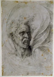Studie des Kopfes eines schreienden Mannes. Zeichnung von Michelangelo Buonarroti