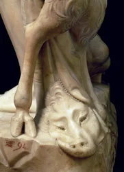Die Trunkenheit des Bacchus, Detail eines Pantherkopfes, Skulptur von Michelangelo Buonarroti (Detail)
