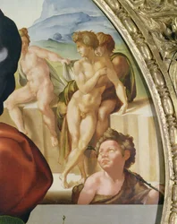 Die Heilige Familie mit St. Johannes (Doni Tondo) mit nackten Figuren im Hintergrund