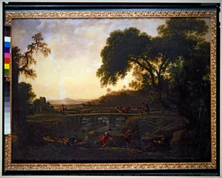 Landschaft mit einer Brücke und Bauern und Kühen und Ziegen