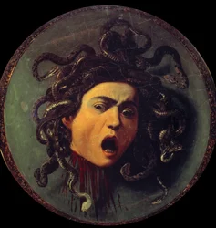 Kopf der Medusa. Auf die Rückseite eines mit Leinwand bespannten Schildes gemalt. Symbol für den Sieg der Vernunft über die Sinne, das auf den Mythos von Perseus und Medusa (Gorgone) verweist. Michelangelo Merisi, genannt Caravaggio oder il Caravaggio