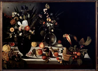 Stillleben mit Blumen und Früchten, Caravaggio, genannt der Caravaggio, zugeschrieben