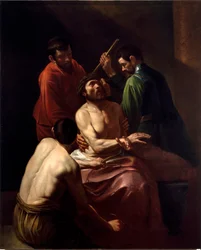 Die Dornenkrönung, Gemälde von Michelangelo Merisi, genannt Caravaggio oder il Caravaggio (1571-1610) (kürzlich zugeschrieben). Maße: 203 x 166 cm. Genua, Chiesa di San Bartolomeo della Certosa