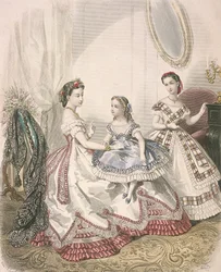 Zwei Frauen und ein kleines Mädchen in den neuesten Innenmoden, ca. 1860
