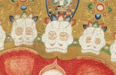 Detail der kaiserlichen bestickten Seiden-Thangka