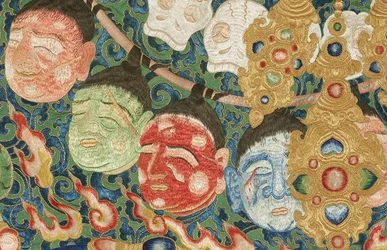 Detail der kaiserlichen bestickten Seiden-Thangka