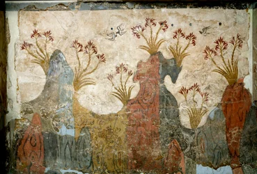 Minoische Kunst: „Frühling“ Fresko aus Akrotiri auf Santorini. 16. Jahrhundert v. Chr. Athen, Nationales Archäologisches Museum