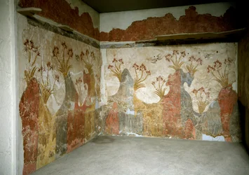 Minoische Kunst: „Frühling“. Fresken aus Akrotiri auf Santorin. 16. Jahrhundert v. Chr. Archäologisches Nationalmuseum, Athen, Griechenland