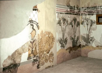 Minoische Kunst: „Die Frau mit Lilien“. Fresko aus Akrotiri auf Santorin. 16. Jahrhundert v. Chr. Athen, Archäologisches Nationalmuseum