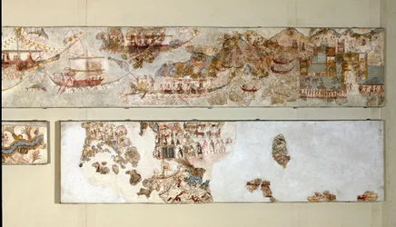 Minoische Kunst: „Seefahrt“ Fresko aus Akrotiri, Santorini. 16. Jahrhundert v. Chr. Nationales Archäologisches Museum, Athen