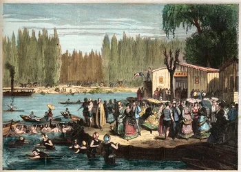 Schwimmen in La Grenouillère, außerhalb von Paris - La Grenouillère in Croissy-sur-Seine 1869 - nach Miranda