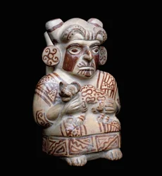 Präkolumbische Kunst, Mochica-Zivilisation: Ein Mochica-Häuptling mit einem Raubtier in den Armen. Anthropomorphe Tonvase. 200 v. Chr.-700 n. Chr.