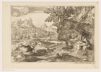Landschaft mit dem heiligen Hieronymus mit zwei kämpfenden Löwen